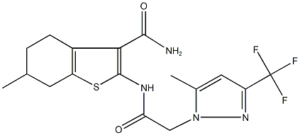 6-methyl-2-({[5-methyl-3-(trifluoromethyl)-1H-pyrazol-1-yl]acetyl}amino)-4,5,6,7-tetrahydro-1-benzothiophene-3-carboxamide Struktur