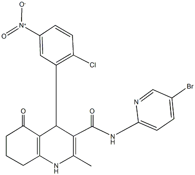 N-(5-bromo-2-pyridinyl)-4-{2-chloro-5-nitrophenyl}-2-methyl-5-oxo-1,4,5,6,7,8-hexahydro-3-quinolinecarboxamide Struktur