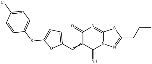 6-({5-[(4-chlorophenyl)sulfanyl]-2-furyl}methylene)-5-imino-2-propyl-5,6-dihydro-7H-[1,3,4]thiadiazolo[3,2-a]pyrimidin-7-one Struktur