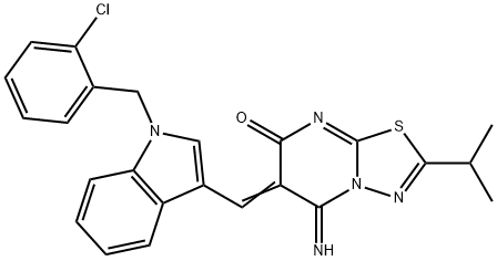 6-{[1-(2-chlorobenzyl)-1H-indol-3-yl]methylene}-5-imino-2-isopropyl-5,6-dihydro-7H-[1,3,4]thiadiazolo[3,2-a]pyrimidin-7-one Struktur