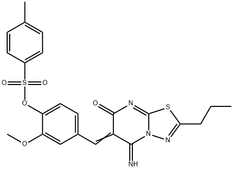 4-[(5-imino-7-oxo-2-propyl-5H-[1,3,4]thiadiazolo[3,2-a]pyrimidin-6(7H)-ylidene)methyl]-2-methoxyphenyl 4-methylbenzenesulfonate Struktur