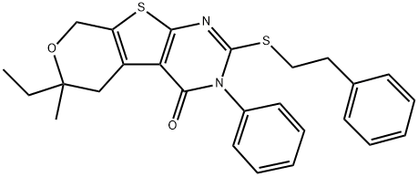 6-ethyl-6-methyl-3-phenyl-2-[(2-phenylethyl)sulfanyl]-3,5,6,8-tetrahydro-4H-pyrano[4',3':4,5]thieno[2,3-d]pyrimidin-4-one Struktur