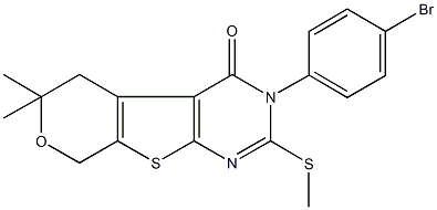 3-(4-bromophenyl)-6,6-dimethyl-2-(methylsulfanyl)-3,5,6,8-tetrahydro-4H-pyrano[4',3':4,5]thieno[2,3-d]pyrimidin-4-one Struktur