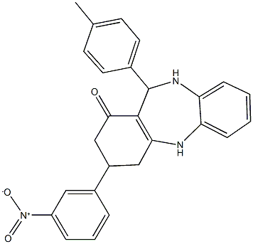 3-{3-nitrophenyl}-11-(4-methylphenyl)-2,3,4,5,10,11-hexahydro-1H-dibenzo[b,e][1,4]diazepin-1-one Struktur