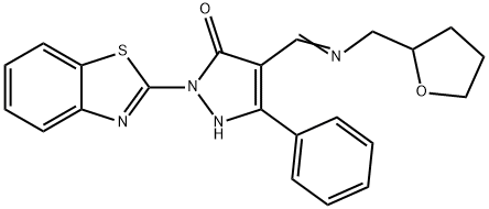 2-(1,3-benzothiazol-2-yl)-5-phenyl-4-{[(tetrahydro-2-furanylmethyl)imino]methyl}-1,2-dihydro-3H-pyrazol-3-one Struktur