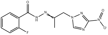 2-fluoro-N'-(2-{3-nitro-1H-1,2,4-triazol-1-yl}-1-methylethylidene)benzohydrazide Struktur