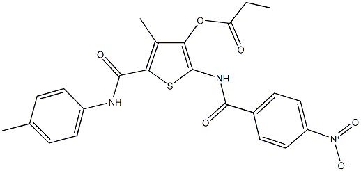 2-({4-nitrobenzoyl}amino)-4-methyl-5-(4-toluidinocarbonyl)-3-thienyl propionate Struktur