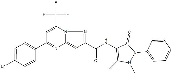 5-(4-bromophenyl)-N-(1,5-dimethyl-3-oxo-2-phenyl-2,3-dihydro-1H-pyrazol-4-yl)-7-(trifluoromethyl)pyrazolo[1,5-a]pyrimidine-2-carboxamide Struktur