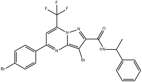 3-bromo-5-(4-bromophenyl)-N-(1-phenylethyl)-7-(trifluoromethyl)pyrazolo[1,5-a]pyrimidine-2-carboxamide Struktur