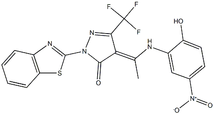 2-(1,3-benzothiazol-2-yl)-4-(1-{2-hydroxy-5-nitroanilino}ethylidene)-5-(trifluoromethyl)-2,4-dihydro-3H-pyrazol-3-one Struktur