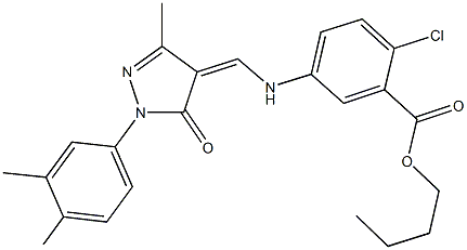 butyl 2-chloro-5-({[1-(3,4-dimethylphenyl)-3-methyl-5-oxo-1,5-dihydro-4H-pyrazol-4-ylidene]methyl}amino)benzoate Struktur