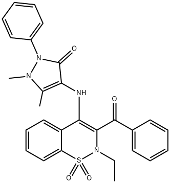 4-[(3-benzoyl-2-ethyl-1,1-dioxido-2H-1,2-benzothiazin-4-yl)amino]-1,5-dimethyl-2-phenyl-1,2-dihydro-3H-pyrazol-3-one Struktur