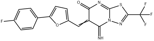 6-{[5-(4-fluorophenyl)-2-furyl]methylene}-5-imino-2-(trifluoromethyl)-5,6-dihydro-7H-[1,3,4]thiadiazolo[3,2-a]pyrimidin-7-one Struktur