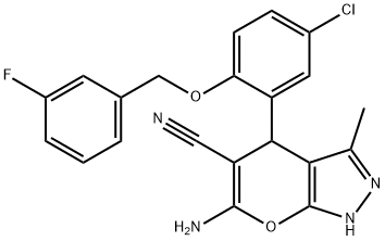 6-amino-4-{5-chloro-2-[(3-fluorobenzyl)oxy]phenyl}-3-methyl-1,4-dihydropyrano[2,3-c]pyrazole-5-carbonitrile Struktur