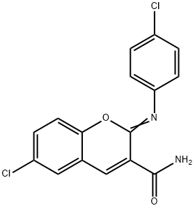 6-chloro-2-[(4-chlorophenyl)imino]-2H-chromene-3-carboxamide Struktur