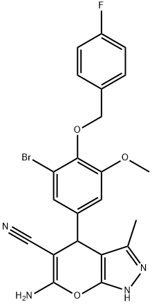 6-amino-4-{3-bromo-4-[(4-fluorobenzyl)oxy]-5-methoxyphenyl}-3-methyl-1,4-dihydropyrano[2,3-c]pyrazole-5-carbonitrile Struktur