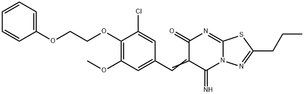 6-[3-chloro-5-methoxy-4-(2-phenoxyethoxy)benzylidene]-5-imino-2-propyl-5,6-dihydro-7H-[1,3,4]thiadiazolo[3,2-a]pyrimidin-7-one Struktur