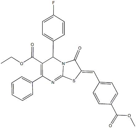 ethyl 5-(4-fluorophenyl)-2-[4-(methoxycarbonyl)benzylidene]-3-oxo-7-phenyl-2,3-dihydro-5H-[1,3]thiazolo[3,2-a]pyrimidine-6-carboxylate Struktur