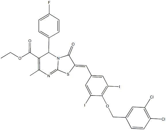 ethyl 2-{4-[(3,4-dichlorobenzyl)oxy]-3,5-diiodobenzylidene}-5-(4-fluorophenyl)-7-methyl-3-oxo-2,3-dihydro-5H-[1,3]thiazolo[3,2-a]pyrimidine-6-carboxylate Struktur