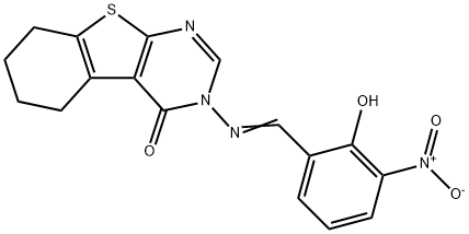 3-({2-hydroxy-3-nitrobenzylidene}amino)-5,6,7,8-tetrahydro[1]benzothieno[2,3-d]pyrimidin-4(3H)-one Struktur