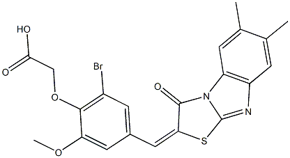 {2-bromo-4-[(6,7-dimethyl-3-oxo[1,3]thiazolo[3,2-a]benzimidazol-2(3H)-ylidene)methyl]-6-methoxyphenoxy}acetic acid Struktur