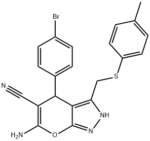 6-amino-4-(4-bromophenyl)-3-{[(4-methylphenyl)sulfanyl]methyl}-2,4-dihydropyrano[2,3-c]pyrazole-5-carbonitrile Struktur