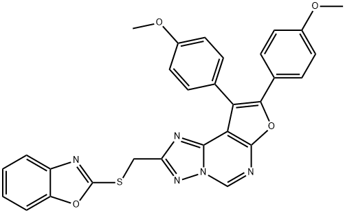 2-[(1,3-benzoxazol-2-ylsulfanyl)methyl]-8,9-bis(4-methoxyphenyl)furo[3,2-e][1,2,4]triazolo[1,5-c]pyrimidine Struktur