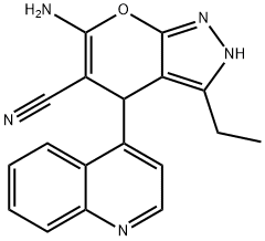 6-amino-3-ethyl-4-quinolin-4-yl-2,4-dihydropyrano[2,3-c]pyrazole-5-carbonitrile Struktur