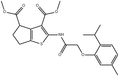 dimethyl 2-{[(2-isopropyl-5-methylphenoxy)acetyl]amino}-5,6-dihydro-4H-cyclopenta[b]thiophene-3,4-dicarboxylate Struktur