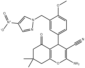 2-amino-4-[3-({4-nitro-1H-pyrazol-1-yl}methyl)-4-methoxyphenyl]-7,7-dimethyl-5-oxo-5,6,7,8-tetrahydro-4H-chromene-3-carbonitrile Struktur