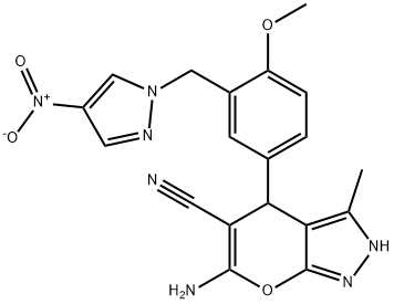 6-amino-4-[3-({4-nitro-1H-pyrazol-1-yl}methyl)-4-methoxyphenyl]-3-methyl-1,4-dihydropyrano[2,3-c]pyrazole-5-carbonitrile Struktur