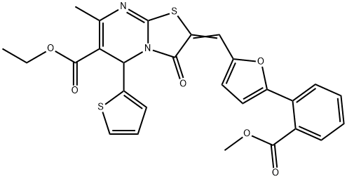 ethyl 2-({5-[2-(methoxycarbonyl)phenyl]-2-furyl}methylene)-7-methyl-3-oxo-5-(2-thienyl)-2,3-dihydro-5H-[1,3]thiazolo[3,2-a]pyrimidine-6-carboxylate Struktur