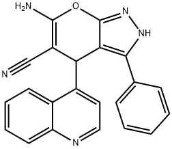 6-amino-3-phenyl-4-quinolin-4-yl-2,4-dihydropyrano[2,3-c]pyrazole-5-carbonitrile Struktur