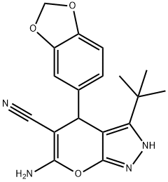 6-amino-4-(1,3-benzodioxol-5-yl)-3-tert-butyl-1,4-dihydropyrano[2,3-c]pyrazole-5-carbonitrile Struktur