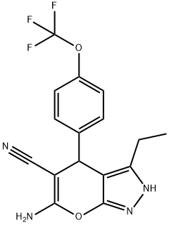 6-amino-3-ethyl-4-{4-[(trifluoromethyl)oxy]phenyl}-2,4-dihydropyrano[2,3-c]pyrazole-5-carbonitrile Struktur