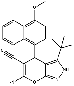 6-amino-3-(1,1-dimethylethyl)-4-[4-(methyloxy)naphthalen-1-yl]-2,4-dihydropyrano[2,3-c]pyrazole-5-carbonitrile Struktur