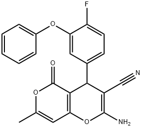 2-amino-4-[4-fluoro-3-(phenyloxy)phenyl]-7-methyl-5-oxo-4H,5H-pyrano[4,3-b]pyran-3-carbonitrile Struktur