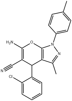 6-amino-4-(2-chlorophenyl)-3-methyl-1-(4-methylphenyl)-1,4-dihydropyrano[2,3-c]pyrazole-5-carbonitrile Struktur