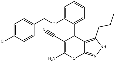 6-amino-4-{2-[(4-chlorobenzyl)oxy]phenyl}-3-propyl-2,4-dihydropyrano[2,3-c]pyrazole-5-carbonitrile Struktur