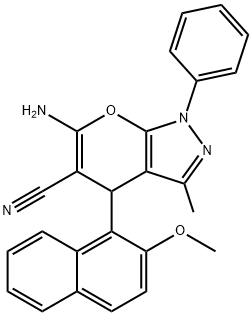 6-amino-3-methyl-4-[2-(methyloxy)naphthalen-1-yl]-1-phenyl-1,4-dihydropyrano[2,3-c]pyrazole-5-carbonitrile Struktur