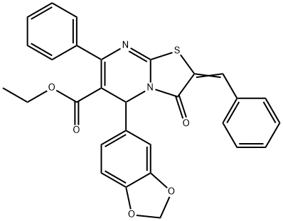 ethyl 5-(1,3-benzodioxol-5-yl)-2-benzylidene-3-oxo-7-phenyl-2,3-dihydro-5H-[1,3]thiazolo[3,2-a]pyrimidine-6-carboxylate Struktur