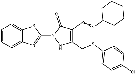 2-(1,3-benzothiazol-2-yl)-5-{[(4-chlorophenyl)sulfanyl]methyl}-4-[(cyclohexylimino)methyl]-1,2-dihydro-3H-pyrazol-3-one Struktur