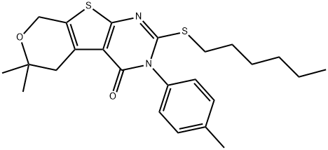 2-(hexylsulfanyl)-6,6-dimethyl-3-(4-methylphenyl)-3,5,6,8-tetrahydro-4H-pyrano[4',3':4,5]thieno[2,3-d]pyrimidin-4-one Struktur