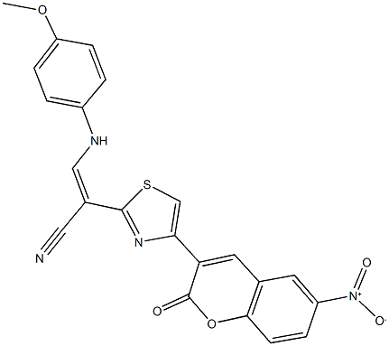 2-(4-{6-nitro-2-oxo-2H-chromen-3-yl}-1,3-thiazol-2-yl)-3-(4-methoxyanilino)acrylonitrile Struktur