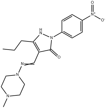 2-{4-nitrophenyl}-4-{[(4-methyl-1-piperazinyl)imino]methyl}-5-propyl-1,2-dihydro-3H-pyrazol-3-one Struktur