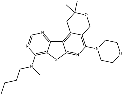 N-butyl-N-[2,2-dimethyl-5-(4-morpholinyl)-1,4-dihydro-2H-pyrano[4'',3'':4',5']pyrido[3',2':4,5]thieno[3,2-d]pyrimidin-8-yl]-N-methylamine Struktur