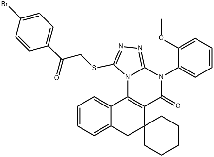 1-{[2-(4-bromophenyl)-2-oxoethyl]sulfanyl}-4-(2-methoxyphenyl)-6,7-dihydrospiro(benzo[h][1,2,4]triazolo[4,3-a]quinazoline-6,1'-cyclohexane)-5(4H)-one Struktur