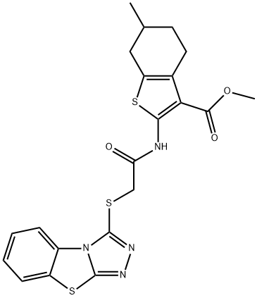 methyl 6-methyl-2-{[([1,2,4]triazolo[3,4-b][1,3]benzothiazol-3-ylsulfanyl)acetyl]amino}-4,5,6,7-tetrahydro-1-benzothiophene-3-carboxylate Struktur