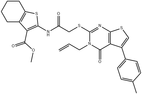 methyl 2-[({[3-allyl-5-(4-methylphenyl)-4-oxo-3,4-dihydrothieno[2,3-d]pyrimidin-2-yl]sulfanyl}acetyl)amino]-4,5,6,7-tetrahydro-1-benzothiophene-3-carboxylate Struktur