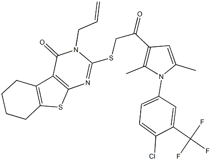 3-allyl-2-[(2-{1-[4-chloro-3-(trifluoromethyl)phenyl]-2,5-dimethyl-1H-pyrrol-3-yl}-2-oxoethyl)sulfanyl]-5,6,7,8-tetrahydro[1]benzothieno[2,3-d]pyrimidin-4(3H)-one Struktur